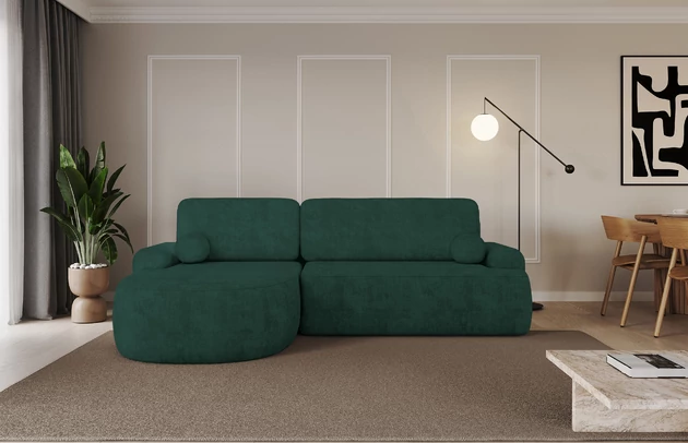 Bezug: Samt, Farbe: Grün - Dream Velvet 202.31, Stellvariante: Ottomane Links, Stoffbeschreibung: Polsterstoff Dream Velvet: Wasserabweisender und leicht zu reinigender Möbelstoff, scheuerfest (30.000 Martindale-Zyklen) lichtecht(6), pillingarm(4-5), 100 % PES, 360 g/m2±5%, Materialzusammensetzung: 100% Polyester, Pilling Resistenz: 5, Abriebfestigkeit: 5, Scheuerbeständigkeit: 30000 Martindale-Zyklen, Zimmer: Wohnzimmer, Tiefe: 172 cm, Breite: 264 cm, Höhe: 89 cm, Schlaffunktion: Mit Schlaffunktion, Länge der Schlaffläche: 210 cm, Liegehöhe: 42 cm, Anzahl der Sitzflächen: 3, Anzahl der Rückenkissen: 2, Art der Rückenkissen: Abnehmabr, Annzahl der Sitzkissen: 2, Anzahl der Zierkissen: 2, Material der Füße: Kunststoff, Höhe der Füße: 2 cm, Farbe der Füße: Schwarz, Breite der Ottomane: 107 cm, Tiefe der Ottomane: 128 cm, Tiefe der Sitzfläche: 57 cm, Sitzhöhe: 42 cm, Art des Stauraumes: Innenfach geschlossen - 1