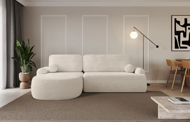 Bezug: Cord, Farbe: Beige - Poso 105, Stellvariante: Ottomane Links, Stoffbeschreibung: POSO ist ein angenehm anzufühlender Velours mit Kordstruktur (35000 MartindaleZyklen) und leicht zu reinigender Möbellstoff, lichtecht (5) und pillingarm (5), Gewicht 380 g/m2 ±5%, Materialzusammensetzung: 100% Polyester, Pilling Resistenz: 5, Abriebfestigkeit: 4, Scheuerbeständigkeit: 30000 Martindale-Zyklen, Zimmer: Wohnzimmer, Tiefe: 172 cm, Breite: 264 cm, Höhe: 89 cm, Schlaffunktion: Mit Schlaffunktion, Länge der Schlaffläche: 210 cm, Breite der Schlaffläche: 132-cm, Liegehöhe: 42 cm, Anzahl der Sitzflächen: 3, Sitzfüllung: Wellenfeder + T30-Schaumstoff, Anzahl der Rückenkissen: 2, Art der Rückenkissen: Abnehmabr, Annzahl der Sitzkissen: 2, Anzahl der Zierkissen: 2, Material der Füße: Kunststoff, Höhe der Füße: 2 cm, Farbe der Füße: Schwarz, Breite der Ottomane: 107 cm, Tiefe der Ottomane: 128 cm, Tiefe der Sitzfläche: 57 cm, Sitzhöhe: 42 cm, Art des Stauraumes: Innenfach geschlossen - 1