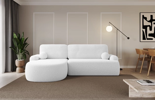 Bezug: Bouclé, Farbe: Weiß - Quelle 01, Stellvariante: Ottomane Links, Stoffbeschreibung: polsterstoff-quelle-hochwertiger-boucle-stoff-strapazierfahig-atmungsaktiv-und-pflegeleicht-80-000-martindale-zyklen-100-pes-pillingarm4-5-gewicht-315-g-m2-±5, Materialzusammensetzung: 100% Polyester, Pilling Resistenz: 5, Abriebfestigkeit: 4, Scheuerbeständigkeit: 80000 Martindale-Zyklen, Zimmer: Wohnzimmer, Tiefe: 172 cm, Breite: 264 cm, Höhe: 89 cm, Schlaffunktion: Mit Schlaffunktion, Länge der Schlaffläche: 210 cm, Breite der Schlaffläche: 132-cm, Liegehöhe: 42 cm, Anzahl der Sitzflächen: 3, Sitzfüllung: Wellenfeder + T30-Schaumstoff, Anzahl der Rückenkissen: 2, Art der Rückenkissen: Abnehmabr, Annzahl der Sitzkissen: 2, Anzahl der Zierkissen: 2, Material der Füße: Kunststoff, Höhe der Füße: 2 cm, Farbe der Füße: Schwarz, Breite der Ottomane: 107 cm, Tiefe der Ottomane: 128 cm, Tiefe der Sitzfläche: 57 cm, Sitzhöhe: 42 cm, Art des Stauraumes: Innenfach geschlossen - 1