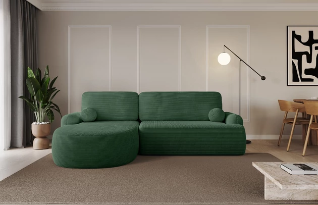 Bezug: Cord, Farbe: Grün - Poso 14, Stellvariante: Ottomane Links, Stoffbeschreibung: POSO ist ein angenehm anzufühlender Velours mit Kordstruktur (35000 MartindaleZyklen) und leicht zu reinigender Möbellstoff, lichtecht (5) und pillingarm (5), Gewicht 380 g/m2 ±5%, Materialzusammensetzung: 100% Polyester, Pilling Resistenz: 5, Abriebfestigkeit: 4, Scheuerbeständigkeit: 30000 Martindale-Zyklen, Zimmer: Wohnzimmer, Tiefe: 172 cm, Breite: 264 cm, Höhe: 89 cm, Schlaffunktion: Mit Schlaffunktion, Länge der Schlaffläche: 210 cm, Breite der Schlaffläche: 132-cm, Liegehöhe: 42 cm, Anzahl der Sitzflächen: 3, Sitzfüllung: Wellenfeder + T30-Schaumstoff, Anzahl der Rückenkissen: 2, Art der Rückenkissen: Abnehmabr, Annzahl der Sitzkissen: 2, Anzahl der Zierkissen: 2, Material der Füße: Kunststoff, Höhe der Füße: 2 cm, Farbe der Füße: Schwarz, Breite der Ottomane: 107 cm, Tiefe der Ottomane: 128 cm, Tiefe der Sitzfläche: 57 cm, Sitzhöhe: 42 cm, Art des Stauraumes: Innenfach geschlossen - 1