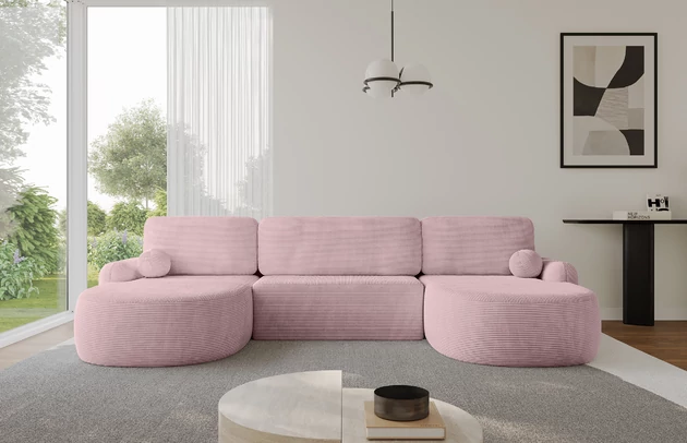 Bezug: Cord, Farbe: Rosa - Poso 145, Stellvariante: U-Form, Stoffbeschreibung: POSO ist ein angenehm anzufühlender Velours mit Kordstruktur (35000 MartindaleZyklen) und leicht zu reinigender Möbellstoff, lichtecht (5) und pillingarm (5), Gewicht 380 g/m2 ±5%, Materialzusammensetzung: 100% Polyester, Pilling Resistenz: 5, Abriebfestigkeit: 4, Scheuerbeständigkeit: 30000 Martindale-Zyklen, Zimmer: Wohnzimmer, Tiefe: 172 cm, Breite: 335 cm, Höhe: 89 cm, Schlaffunktion: Mit Schlaffunktion, Länge der Schlaffläche: 299 cm, Breite der Schlaffläche: 132-cm, Liegehöhe: 42 cm, Anzahl der Sitzflächen: 3, Sitzfüllung: Wellenfeder + T30-Schaumstoff, Anzahl der Rückenkissen: 3, Art der Rückenkissen: Abnehmabr, Annzahl der Sitzkissen: 3, Anzahl der Zierkissen: 2, Material der Füße: Kunststoff, Höhe der Füße: 2 cm, Farbe der Füße: Schwarz, Breite der Ottomane: 107 cm, Tiefe der Ottomane: 128 cm, Tiefe der Sitzfläche: 57 cm, Sitzhöhe: 42 cm, Art des Stauraumes: Innenfach geschlossen - 1