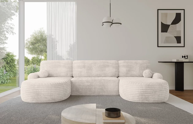 Bezug: Cord, Farbe: Creme - Tilia 01, Stellvariante: U-Form, Stoffbeschreibung: Polsterstoff Cord: angenehma Polsterstoff mit Kordstruktur (90-100 000 Martindale-Zyklen) und leicht zu reinigender Möbellstoff, pillingarm (4-5), aus 100%PES, 420 g/m2 ±5 %, Materialzusammensetzung: 100% Polyester, Pilling Resistenz: 4, Abriebfestigkeit: 5, Scheuerbeständigkeit: 100000 Martindale-Zyklen, Zimmer: Wohnzimmer, Tiefe: 172 cm, Breite: 335 cm, Höhe: 89 cm, Schlaffunktion: Mit Schlaffunktion, Länge der Schlaffläche: 299 cm, Breite der Schlaffläche: 132-cm, Liegehöhe: 42 cm, Anzahl der Sitzflächen: 3, Sitzfüllung: Wellenfeder + T30-Schaumstoff, Anzahl der Rückenkissen: 3, Art der Rückenkissen: Abnehmabr, Annzahl der Sitzkissen: 3, Anzahl der Zierkissen: 2, Material der Füße: Kunststoff, Höhe der Füße: 2 cm, Farbe der Füße: Schwarz, Breite der Ottomane: 107 cm, Tiefe der Ottomane: 128 cm, Tiefe der Sitzfläche: 57 cm, Sitzhöhe: 42 cm, Art des Stauraumes: Innenfach geschlossen - 1