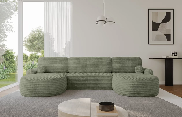 Bezug: Cord, Farbe: Olivgrün - Tilia 37, Stellvariante: U-Form, Stoffbeschreibung: Polsterstoff Cord: angenehma Polsterstoff mit Kordstruktur (90-100 000 Martindale-Zyklen) und leicht zu reinigender Möbellstoff, pillingarm (4-5), aus 100%PES, 420 g/m2 ±5 %, Materialzusammensetzung: 100% Polyester, Pilling Resistenz: 4, Abriebfestigkeit: 5, Scheuerbeständigkeit: 100000 Martindale-Zyklen, Zimmer: Wohnzimmer, Tiefe: 172 cm, Breite: 335 cm, Höhe: 89 cm, Schlaffunktion: Mit Schlaffunktion, Länge der Schlaffläche: 299 cm, Breite der Schlaffläche: 132-cm, Liegehöhe: 42 cm, Anzahl der Sitzflächen: 3, Sitzfüllung: Wellenfeder + T30-Schaumstoff, Anzahl der Rückenkissen: 3, Art der Rückenkissen: Abnehmabr, Annzahl der Sitzkissen: 3, Anzahl der Zierkissen: 2, Material der Füße: Kunststoff, Höhe der Füße: 2 cm, Farbe der Füße: Schwarz, Breite der Ottomane: 107 cm, Tiefe der Ottomane: 128 cm, Tiefe der Sitzfläche: 57 cm, Sitzhöhe: 42 cm, Art des Stauraumes: Innenfach geschlossen - 1