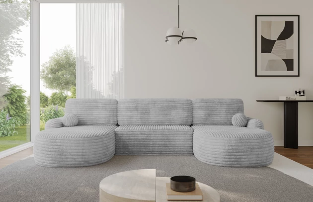Bezug: Cord, Farbe: Grau - Tilia 86, Stellvariante: U-Form, Stoffbeschreibung: Polsterstoff Cord: angenehma Polsterstoff mit Kordstruktur (90-100 000 Martindale-Zyklen) und leicht zu reinigender Möbellstoff, pillingarm (4-5), aus 100%PES, 420 g/m2 ±5 %, Materialzusammensetzung: 100% Polyester, Pilling Resistenz: 4, Abriebfestigkeit: 5, Scheuerbeständigkeit: 100000 Martindale-Zyklen, Zimmer: Wohnzimmer, Tiefe: 172 cm, Breite: 335 cm, Höhe: 89 cm, Schlaffunktion: Mit Schlaffunktion, Länge der Schlaffläche: 299 cm, Breite der Schlaffläche: 132-cm, Liegehöhe: 42 cm, Anzahl der Sitzflächen: 3, Sitzfüllung: Wellenfeder + T30-Schaumstoff, Anzahl der Rückenkissen: 3, Art der Rückenkissen: Abnehmabr, Annzahl der Sitzkissen: 3, Anzahl der Zierkissen: 2, Material der Füße: Kunststoff, Höhe der Füße: 2 cm, Farbe der Füße: Schwarz, Breite der Ottomane: 107 cm, Tiefe der Ottomane: 128 cm, Tiefe der Sitzfläche: 57 cm, Sitzhöhe: 42 cm, Art des Stauraumes: Innenfach geschlossen - 1
