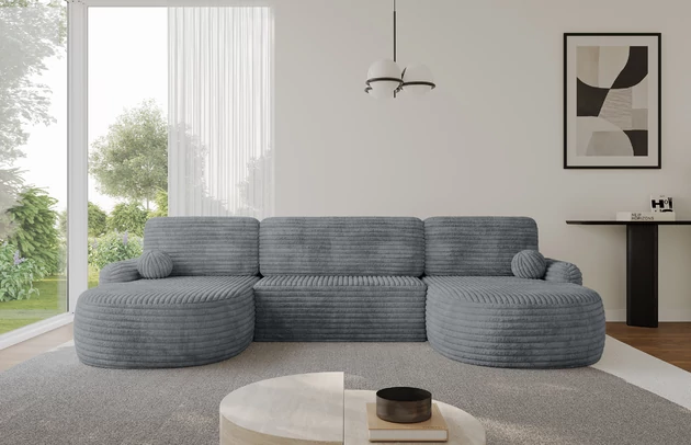 Bezug: Cord, Farbe: Dunkelgrau - Tilia 90, Stellvariante: U-Form, Stoffbeschreibung: Polsterstoff Cord: angenehma Polsterstoff mit Kordstruktur (90-100 000 Martindale-Zyklen) und leicht zu reinigender Möbellstoff, pillingarm (4-5), aus 100%PES, 420 g/m2 ±5 %, Materialzusammensetzung: 100% Polyester, Pilling Resistenz: 4, Abriebfestigkeit: 5, Scheuerbeständigkeit: 100000 Martindale-Zyklen, Zimmer: Wohnzimmer, Tiefe: 172 cm, Breite: 335 cm, Höhe: 89 cm, Schlaffunktion: Mit Schlaffunktion, Länge der Schlaffläche: 299 cm, Breite der Schlaffläche: 132-cm, Liegehöhe: 42 cm, Anzahl der Sitzflächen: 3, Sitzfüllung: Wellenfeder + T30-Schaumstoff, Anzahl der Rückenkissen: 3, Art der Rückenkissen: Abnehmabr, Annzahl der Sitzkissen: 3, Anzahl der Zierkissen: 2, Material der Füße: Kunststoff, Höhe der Füße: 2 cm, Farbe der Füße: Schwarz, Breite der Ottomane: 107 cm, Tiefe der Ottomane: 128 cm, Tiefe der Sitzfläche: 57 cm, Sitzhöhe: 42 cm, Art des Stauraumes: Innenfach geschlossen - 1