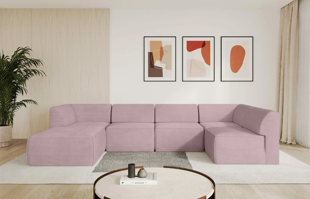 Bezug: Cord, Farbe: Rosa - Poso 145, Stellvariante: Ottomane Links, Stoffbeschreibung: POSO ist ein angenehm anzufühlender Velours mit Kordstruktur (35000 MartindaleZyklen) und leicht zu reinigender Möbellstoff, lichtecht (5) und pillingarm (5), Gewicht 380 g/m2 ±5%, Materialzusammensetzung: 100% Polyester, Pilling Resistenz: 5, Abriebfestigkeit: 4, Scheuerbeständigkeit: 30000 Martindale-Zyklen, Zimmer: Wohnzimmer, Tiefe: 180 cm, Breite: 345 cm, Höhe: 78 cm, Anzahl der Sitzflächen: 6, Art der Rückenkissen: Rückenlehne - feste, Annzahl der Sitzkissen: 5, Material der Füße: Kunststoff, Höhe der Füße: 4 cm, Breite der Ottomane: 106 cm, Tiefe der Ottomane: 156 cm, Tiefe der Sitzfläche: 60 cm, Sitzhöhe: 40 cm - 1
