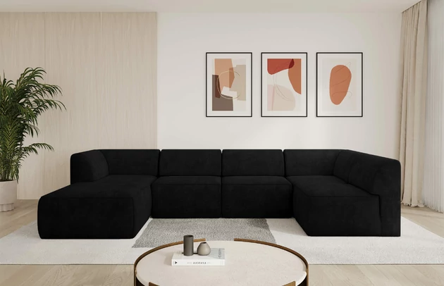 Bezug: Samt, Farbe: Schwarz - Dream Velvet 202.12, Stellvariante: Ottomane Links, Stoffbeschreibung: Polsterstoff Dream Velvet: Wasserabweisender und leicht zu reinigender Möbelstoff, scheuerfest (30.000 Martindale-Zyklen) lichtecht(6), pillingarm(4-5), 100 % PES, 360 g/m2±5%, Materialzusammensetzung: 100% Polyester, Pilling Resistenz: 5, Abriebfestigkeit: 5, Scheuerbeständigkeit: 30000 Martindale-Zyklen, Zimmer: Wohnzimmer, Tiefe: 180 cm, Breite: 345 cm, Höhe: 78 cm, Anzahl der Sitzflächen: 6, Art der Rückenkissen: Rückenlehne - feste, Annzahl der Sitzkissen: 5, Material der Füße: Kunststoff, Höhe der Füße: 4 cm, Breite der Ottomane: 106 cm, Tiefe der Ottomane: 156 cm, Tiefe der Sitzfläche: 60 cm, Sitzhöhe: 40 cm - 1