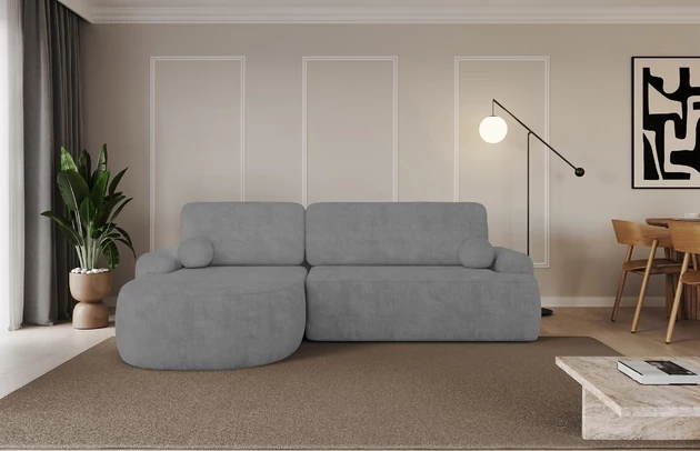 Bezug: Samt, Farbe: Grau - Dream Velvet 202.17, Stellvariante: Ottomane Links, Stoffbeschreibung: Polsterstoff Dream Velvet: Wasserabweisender und leicht zu reinigender Möbelstoff, scheuerfest (30.000 Martindale-Zyklen) lichtecht(6), pillingarm(4-5), 100 % PES, 360 g/m2±5%, Materialzusammensetzung: 100% Polyester, Pilling Resistenz: 5, Abriebfestigkeit: 5, Scheuerbeständigkeit: 30000 Martindale-Zyklen, Zimmer: Wohnzimmer, Tiefe: 172 cm, Breite: 264 cm, Höhe: 89 cm, Schlaffunktion: Mit Schlaffunktion, Länge der Schlaffläche: 210 cm, Liegehöhe: 42 cm, Anzahl der Sitzflächen: 3, Anzahl der Rückenkissen: 2, Art der Rückenkissen: Abnehmabr, Annzahl der Sitzkissen: 2, Anzahl der Zierkissen: 2, Material der Füße: Kunststoff, Höhe der Füße: 2 cm, Farbe der Füße: Schwarz, Breite der Ottomane: 107 cm, Tiefe der Ottomane: 128 cm, Tiefe der Sitzfläche: 57 cm, Sitzhöhe: 42 cm, Art des Stauraumes: Innenfach geschlossen - 1