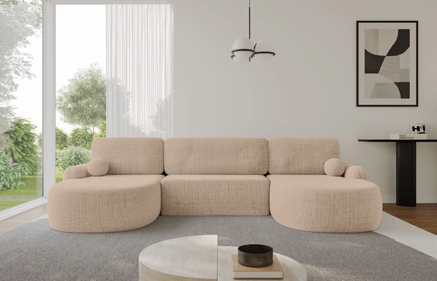 Bezug: Flechtstoff, Farbe: Dunkelbeige - Aragon 14, Stellvariante: U-Form, Stoffbeschreibung: polsterstoff-aragon-hochwertige-und-elegante-strukturweich-und-angenehm-im-griffscheuerfest-45-000-60000-zyklen-gewicht-von-340-g-m2reibungswiderstand-4-5, Materialzusammensetzung: 100% Polyester, Pilling Resistenz: 5, Abriebfestigkeit: 4, Scheuerbeständigkeit: 60000 Martindale-Zyklen, Zimmer: Wohnzimmer, Tiefe: 172 cm, Breite: 335 cm, Höhe: 89 cm, Schlaffunktion: Mit Schlaffunktion, Länge der Schlaffläche: 299 cm, Breite der Schlaffläche: 132-cm, Liegehöhe: 42 cm, Anzahl der Sitzflächen: 3, Sitzfüllung: Wellenfeder + T30-Schaumstoff, Anzahl der Rückenkissen: 3, Art der Rückenkissen: Abnehmabr, Annzahl der Sitzkissen: 3, Anzahl der Zierkissen: 2, Material der Füße: Kunststoff, Höhe der Füße: 2 cm, Farbe der Füße: Schwarz, Breite der Ottomane: 107 cm, Tiefe der Ottomane: 128 cm, Tiefe der Sitzfläche: 57 cm, Sitzhöhe: 42 cm, Art des Stauraumes: Innenfach geschlossen - 1