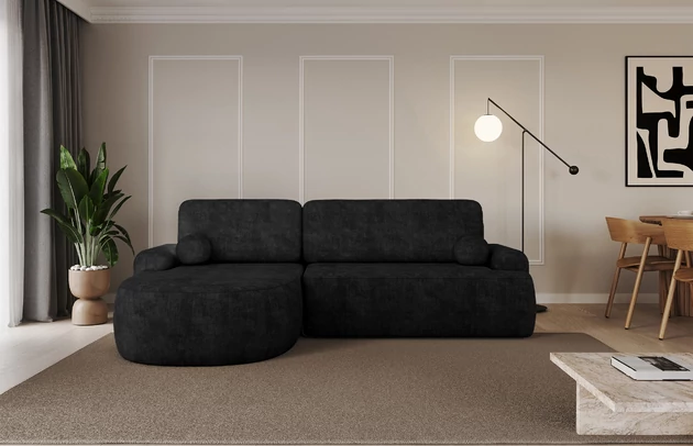 Bezug: Samt, Farbe: Schwarz - Dream Velvet 202.12, Stellvariante: Ottomane Links, Stoffbeschreibung: Polsterstoff Dream Velvet: Wasserabweisender und leicht zu reinigender Möbelstoff, scheuerfest (30.000 Martindale-Zyklen) lichtecht(6), pillingarm(4-5), 100 % PES, 360 g/m2±5%, Materialzusammensetzung: 100% Polyester, Pilling Resistenz: 5, Abriebfestigkeit: 5, Scheuerbeständigkeit: 30000 Martindale-Zyklen, Zimmer: Wohnzimmer, Tiefe: 172 cm, Breite: 264 cm, Höhe: 89 cm, Schlaffunktion: Mit Schlaffunktion, Länge der Schlaffläche: 210 cm, Liegehöhe: 42 cm, Anzahl der Sitzflächen: 3, Anzahl der Rückenkissen: 2, Art der Rückenkissen: Abnehmabr, Annzahl der Sitzkissen: 2, Anzahl der Zierkissen: 2, Material der Füße: Kunststoff, Höhe der Füße: 2 cm, Farbe der Füße: Schwarz, Breite der Ottomane: 107 cm, Tiefe der Ottomane: 128 cm, Tiefe der Sitzfläche: 57 cm, Sitzhöhe: 42 cm, Art des Stauraumes: Innenfach geschlossen - 1