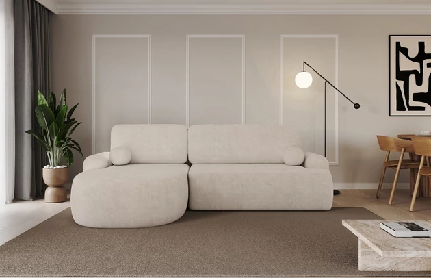 Bezug: Samt, Farbe: Beige - Dream Velvet 202.02, Stellvariante: Ottomane Links, Stoffbeschreibung: Polsterstoff Dream Velvet: Wasserabweisender und leicht zu reinigender Möbelstoff, scheuerfest (30.000 Martindale-Zyklen) lichtecht(6), pillingarm(4-5), 100 % PES, 360 g/m2±5%, Materialzusammensetzung: 100% Polyester, Pilling Resistenz: 5, Abriebfestigkeit: 5, Scheuerbeständigkeit: 30000 Martindale-Zyklen, Zimmer: Wohnzimmer, Tiefe: 172 cm, Breite: 264 cm, Höhe: 89 cm, Schlaffunktion: Mit Schlaffunktion, Länge der Schlaffläche: 210 cm, Liegehöhe: 42 cm, Anzahl der Sitzflächen: 3, Anzahl der Rückenkissen: 2, Art der Rückenkissen: Abnehmabr, Annzahl der Sitzkissen: 2, Anzahl der Zierkissen: 2, Material der Füße: Kunststoff, Höhe der Füße: 2 cm, Farbe der Füße: Schwarz, Breite der Ottomane: 107 cm, Tiefe der Ottomane: 128 cm, Tiefe der Sitzfläche: 57 cm, Sitzhöhe: 42 cm, Art des Stauraumes: Innenfach geschlossen - 1