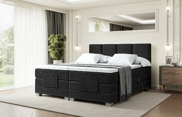 Bezug: Samt, Farbe: Schwarz - Casablanca 2316, Stoffbeschreibung: Polsterstoff Casablanca: „Pet-friendly“, leicht zu reinigen (CleanBOO+), wasserabweisend mit Lotuseffekt, scheuerfest (45.000 Martindale- Zyklen), Gewicht 310g/m2 ±5 %, Zimmer: Schlafzimmer, Länge: 210 cm, Breite: 147 cm, Höhe: 115 cm, Größe: 140x200 cm, Länge der Schlaffläche: 200 cm, Breite der Schlaffläche: 140 cm, Liegehöhe: 70 cm, Härtegrad der Matratze: H4, Höhe der Matratze: 38 cm, Matratze: Multipocketfederung, Farbe des Toppers: Weiß, Höhe des Toppers: 4 cm, Material des Toppers: Schaumstoff, Höhe des Kopfteils: 115 cm, Höhe der Füße: 8 cm, Dicke des Kopfteils: 10 cm, Gepolsterte Rückseite: Nein - 1