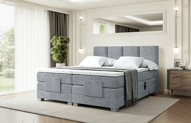 Bezug: Samt, Farbe: Grau - Casablanca 2314, Stoffbeschreibung: Polsterstoff Casablanca: „Pet-friendly“, leicht zu reinigen (CleanBOO+), wasserabweisend mit Lotuseffekt, scheuerfest (45.000 Martindale- Zyklen), Gewicht 310g/m2 ±5 %, Zimmer: Schlafzimmer, Länge: 210 cm, Breite: 147 cm, Höhe: 115 cm, Größe: 140x200 cm, Länge der Schlaffläche: 200 cm, Breite der Schlaffläche: 140 cm, Liegehöhe: 70 cm, Härtegrad der Matratze: H4, Höhe der Matratze: 38 cm, Matratze: Multipocketfederung, Farbe des Toppers: Weiß, Höhe des Toppers: 4 cm, Material des Toppers: Schaumstoff, Höhe des Kopfteils: 115 cm, Höhe der Füße: 8 cm, Dicke des Kopfteils: 10 cm, Gepolsterte Rückseite: Nein - 1