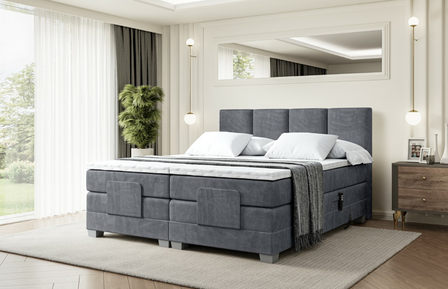 Bezug: Samt, Farbe: Dunkelgrau - Casablanca 2315, Stoffbeschreibung: Polsterstoff Casablanca: „Pet-friendly“, leicht zu reinigen (CleanBOO+), wasserabweisend mit Lotuseffekt, scheuerfest (45.000 Martindale- Zyklen), Gewicht 310g/m2 ±5 %, Zimmer: Schlafzimmer, Länge: 210 cm, Breite: 147 cm, Höhe: 115 cm, Größe: 140x200 cm, Länge der Schlaffläche: 200 cm, Breite der Schlaffläche: 140 cm, Liegehöhe: 70 cm, Härtegrad der Matratze: H4, Höhe der Matratze: 38 cm, Matratze: Multipocketfederung, Farbe des Toppers: Weiß, Höhe des Toppers: 4 cm, Material des Toppers: Schaumstoff, Höhe des Kopfteils: 115 cm, Höhe der Füße: 8 cm, Dicke des Kopfteils: 10 cm, Gepolsterte Rückseite: Nein - 1