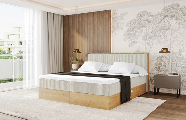 Bezug: Cord, Farbe: Creme - Tilia 01, Stoffbeschreibung: Polsterstoff Tilia: angenehma Polsterstoff mit Kordstruktur (90-100 000 Martindale-Zyklen) und leicht zu reinigender Möbellstoff, pillingarm (4-5), aus 100%PES, 420 g/m2 ±5 %, Zimmer: Schlafzimmer, Länge: 210 cm, Breite: 129 cm, Höhe: 104 cm, Größe: 120x200 cm, Länge der Schlaffläche: 200 cm, Breite der Schlaffläche: 120-cm, Liegehöhe: 51 cm, Härtegrad der Matratze: H3, Höhe der Matratze: 20 cm, Matratze: Bonellfederung, Farbe des Toppers: Weiß, Höhe des Toppers: 4 cm, Material des Toppers: Schaumstoff, Bettkasten: Ja, Anzahl der Bettkasten: 2, Höhe der Bettkasten: 25 cm, Höhe des Kopfteils: 104 cm, Material der Füße: Plastik, Höhe der Füße: 2 cm, Dicke des Kopfteils: 10 cm, Gepolsterte Rückseite: Nein - 1