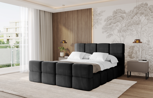 Bezug: Samt, Farbe: Schwarz - Casablanca 2316, Stoffbeschreibung: Polsterstoff Casablanca: „Pet-friendly“, leicht zu reinigen (CleanBOO+), wasserabweisend mit Lotuseffekt, scheuerfest (45.000 Martindale- Zyklen), Gewicht 310g/m2 ±5 %, Zimmer: Schlafzimmer, Länge: 255 cm, Breite: 178 cm, Höhe: 110 cm, Größe: 120x200 cm, Länge der Schlaffläche: 200 cm, Breite der Schlaffläche: 120 cm, Liegehöhe: 48 cm, Matratze: Mit H3 / H4 Taschenfederkern Matratze, Höhe der Matratze: 25 cm, Matratzentyp: Taschenfederkernmatratze, Bettkasten: Ja, Anzahl der Bettkasten: 1, Höhe der Bettkasten: 33 cm, Höhe des Kopfteils: 110 cm, Gepolsterte Rückseite: Nein - 1