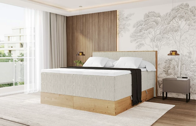 Bezug: Cord, Farbe: Creme - Tilia 01, Stoffbeschreibung: Polsterstoff Tilia: angenehma Polsterstoff mit Kordstruktur (90-100 000 Martindale-Zyklen) und leicht zu reinigender Möbellstoff, pillingarm (4-5), aus 100%PES, 420 g/m2 ±5 %, Zimmer: Schlafzimmer, Länge: 210 cm, Breite: 131 cm, Höhe: 115 cm, Größe: 120x200 cm, Länge der Schlaffläche: 200 cm, Breite der Schlaffläche: 120-cm, Liegehöhe: 75 cm, Härtegrad der Matratze: H3 und H4, Höhe der Matratze: 43 cm, Matratze: Multipocketfederung und Bonellfederung, Farbe des Toppers: Weiß, Höhe des Toppers: 5 cm, Material des Toppers: Schaumstoff, Bettkasten: Ja, Anzahl der Bettkasten: 2, Höhe der Bettkasten: 25 cm, Höhe des Kopfteils: 115 cm, Material der Füße: Plastik, Höhe der Füße: 2 cm, Dicke des Kopfteils: 10 cm, Gepolsterte Rückseite: Nein - 1