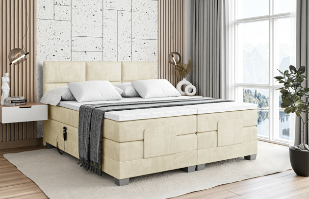 Bezug: Samt, Farbe: Beige - Monolith 4, Stoffbeschreibung: Polsterstoff Monolith: Wasserabweisender und leicht zu reinigender Möbelstoff, scheuerfest (100.000 Martindale-Zyklen) lichtecht (5) und pillingarm (4-5), aus 100 % PES, Zimmer: Schlafzimmer, Länge: 210 cm, Breite: 207 cm, Höhe: 115 cm, Größe: 200x200 cm, Länge der Schlaffläche: 200 cm, Breite der Schlaffläche: 200 cm, Liegehöhe: 70 cm, Härtegrad der Matratze: H4, Höhe der Matratze: 38 cm, Matratze: Multipocketfederung, Farbe des Toppers: Weiß, Höhe des Toppers: 4 cm, Material des Toppers: Schaumstoff, Höhe des Kopfteils: 115 cm, Höhe der Füße: 8 cm, Dicke des Kopfteils: 10 cm, Gepolsterte Rückseite: Nein - 1