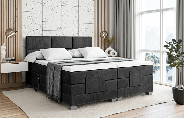 Bezug: Samt, Farbe: Schwarz - Casablanca 2316, Stoffbeschreibung: Polsterstoff Casablanca: „Pet-friendly“, leicht zu reinigen (CleanBOO+), wasserabweisend mit Lotuseffekt, scheuerfest (45.000 Martindale- Zyklen), Gewicht 310g/m2 ±5 %, Zimmer: Schlafzimmer, Länge: 210 cm, Breite: 207 cm, Höhe: 115 cm, Größe: 200x200 cm, Länge der Schlaffläche: 200 cm, Breite der Schlaffläche: 200 cm, Liegehöhe: 70 cm, Härtegrad der Matratze: H4, Höhe der Matratze: 38 cm, Matratze: Multipocketfederung, Farbe des Toppers: Weiß, Höhe des Toppers: 4 cm, Material des Toppers: Schaumstoff, Höhe des Kopfteils: 115 cm, Höhe der Füße: 8 cm, Dicke des Kopfteils: 10 cm, Gepolsterte Rückseite: Nein - 1