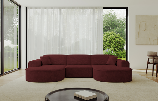 Bezug: Samt, Farbe: Bordeauxrot - Dream Velvet 202.11, Stellvariante: U-Form, Stoffbeschreibung: Polsterstoff Dream Velvet: Wasserabweisender und leicht zu reinigender Möbelstoff, scheuerfest (30.000 Martindale-Zyklen) lichtecht (6) und pillingarm (4-5), aus 100 % PES, Gewicht 360 g/m2 ±5 %, Materialzusammensetzung: 100% Polyseter, Pilling Resistenz: 4-5, Abriebfestigkeit: 5, Scheuerbeständigkeit: 30000 Martindale-Zyklen, Ausstattung: Kissen, Zimmer: Wohnzimmer, Tiefe: 171 cm, Breite: 303 cm, Höhe: 79,5 cm, Schlaffunktion: Ohne Schlaffunktion, Länge der Schlaffläche: Nicht zutreffend, Breite der Schlaffläche: Nicht zutreffend, Liegehöhe: Nicht zutreffend, Anzahl der Sitzflächen: 4, Sitzfüllung: Wellenfeder + HR35 und T30-Schaum, Art der Rückenkissen: Rückenlehne - feste, Annzahl der Sitzkissen: 3, Anzahl der Zierkissen: 2, Breite der Armlehnen: 20 cm, Höhe der Armlehnen: 58 cm, Breite der Ottomane: 109 cm, Tiefe der Ottomane: 151 cm, Tiefe der Sitzfläche: 62 cm, Sitzhöhe: 43,5 cm - 1