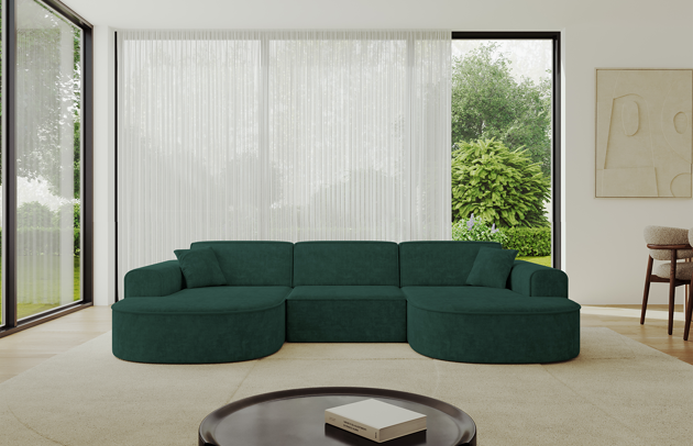 Bezug: Samt, Farbe: Dunkelgrün - Dream Velvet 202.31, Stellvariante: U-Form, Stoffbeschreibung: Polsterstoff Dream Velvet: Wasserabweisender und leicht zu reinigender Möbelstoff, scheuerfest (30.000 Martindale-Zyklen) lichtecht (6) und pillingarm (4-5), aus 100 % PES, Gewicht 360 g/m2 ±5 %, Materialzusammensetzung: 100% Polyseter, Pilling Resistenz: 4-5, Abriebfestigkeit: 5, Scheuerbeständigkeit: 30000 Martindale-Zyklen, Ausstattung: Kissen, Zimmer: Wohnzimmer, Tiefe: 171 cm, Breite: 303 cm, Höhe: 79,5 cm, Schlaffunktion: Ohne Schlaffunktion, Länge der Schlaffläche: Nicht zutreffend, Breite der Schlaffläche: Nicht zutreffend, Liegehöhe: Nicht zutreffend, Anzahl der Sitzflächen: 4, Sitzfüllung: Wellenfeder + HR35 und T30-Schaum, Art der Rückenkissen: Rückenlehne - feste, Annzahl der Sitzkissen: 3, Anzahl der Zierkissen: 2, Breite der Armlehnen: 20 cm, Höhe der Armlehnen: 58 cm, Breite der Ottomane: 109 cm, Tiefe der Ottomane: 151 cm, Tiefe der Sitzfläche: 62 cm, Sitzhöhe: 43,5 cm - 1