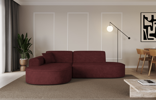 Bezug: Samt, Farbe: Bordeauxrot - Dream Velvet 202.11, Stellvariante: Ottomane Links, Stoffbeschreibung: Polsterstoff Dream Velvet: Wasserabweisender und leicht zu reinigender Möbelstoff, scheuerfest (30.000 Martindale-Zyklen) lichtecht (6) und pillingarm (4-5), aus 100 % PES, Gewicht 360 g/m2 ±5 %, Materialzusammensetzung: 100% Polyseter, Pilling Resistenz: 4-5, Abriebfestigkeit: 5, Scheuerbeständigkeit: 30000 Martindale-Zyklen, Ausstattung: Kissen, Zimmer: Wohnzimmer, Tiefe: 171 cm, Breite: 243 cm, Höhe: 79,5 cm, Schlaffunktion: Ohne Schlaffunktion, Länge der Schlaffläche: Nicht zutreffend, Breite der Schlaffläche: Nicht zutreffend, Liegehöhe: Nicht zutreffend, Anzahl der Sitzflächen: 3, Art der Rückenkissen: Rückenlehne - feste, Annzahl der Sitzkissen: 2, Anzahl der Zierkissen: 1, Breite der Armlehnen: 20 cm, Höhe der Armlehnen: 58 cm, Breite der Ottomane: 109 cm, Tiefe der Ottomane: 151 cm, Tiefe der Sitzfläche: 62 cm, Sitzhöhe: 43,5 cm - 1