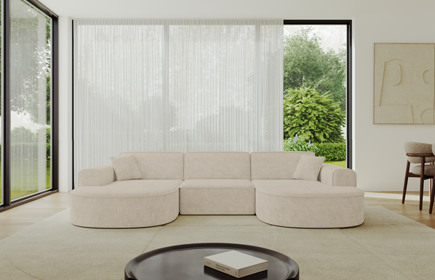 Bezug: Samt, Farbe: Beige - Dream Velvet 202.02, Stellvariante: U-Form, Stoffbeschreibung: Polsterstoff Dream Velvet: Wasserabweisender und leicht zu reinigender Möbelstoff, scheuerfest (30.000 Martindale-Zyklen) lichtecht (6) und pillingarm (4-5), aus 100 % PES, Gewicht 360 g/m2 ±5 %, Materialzusammensetzung: 100% Polyseter, Pilling Resistenz: 4-5, Abriebfestigkeit: 5, Scheuerbeständigkeit: 30000 Martindale-Zyklen, Ausstattung: Kissen, Zimmer: Wohnzimmer, Tiefe: 171 cm, Breite: 303 cm, Höhe: 79,5 cm, Schlaffunktion: Ohne Schlaffunktion, Länge der Schlaffläche: Nicht zutreffend, Breite der Schlaffläche: Nicht zutreffend, Liegehöhe: Nicht zutreffend, Anzahl der Sitzflächen: 4, Sitzfüllung: Wellenfeder + HR35 und T30-Schaum, Art der Rückenkissen: Rückenlehne - feste, Annzahl der Sitzkissen: 3, Anzahl der Zierkissen: 2, Breite der Armlehnen: 20 cm, Höhe der Armlehnen: 58 cm, Breite der Ottomane: 109 cm, Tiefe der Ottomane: 151 cm, Tiefe der Sitzfläche: 62 cm, Sitzhöhe: 43,5 cm - 1