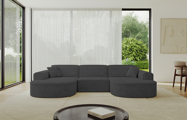 Bezug: Samt, Farbe: Dunkelgrau - Dream Velvet 202.13, Stellvariante: U-Form, Stoffbeschreibung: Polsterstoff Dream Velvet: Wasserabweisender und leicht zu reinigender Möbelstoff, scheuerfest (30.000 Martindale-Zyklen) lichtecht (6) und pillingarm (4-5), aus 100 % PES, Gewicht 360 g/m2 ±5 %, Materialzusammensetzung: 100% Polyseter, Pilling Resistenz: 4-5, Abriebfestigkeit: 5, Scheuerbeständigkeit: 30000 Martindale-Zyklen, Ausstattung: Kissen, Zimmer: Wohnzimmer, Tiefe: 171 cm, Breite: 303 cm, Höhe: 79,5 cm, Schlaffunktion: Ohne Schlaffunktion, Länge der Schlaffläche: Nicht zutreffend, Breite der Schlaffläche: Nicht zutreffend, Liegehöhe: Nicht zutreffend, Anzahl der Sitzflächen: 4, Sitzfüllung: Wellenfeder + HR35 und T30-Schaum, Art der Rückenkissen: Rückenlehne - feste, Annzahl der Sitzkissen: 3, Anzahl der Zierkissen: 2, Breite der Armlehnen: 20 cm, Höhe der Armlehnen: 58 cm, Breite der Ottomane: 109 cm, Tiefe der Ottomane: 151 cm, Tiefe der Sitzfläche: 62 cm, Sitzhöhe: 43,5 cm - 1
