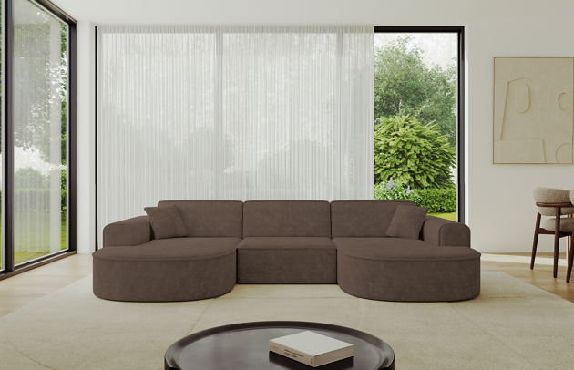 Bezug: Samt, Farbe: Braun - Dream Velvet 202.37, Stellvariante: U-Form, Stoffbeschreibung: Polsterstoff Dream Velvet: Wasserabweisender und leicht zu reinigender Möbelstoff, scheuerfest (30.000 Martindale-Zyklen) lichtecht (6) und pillingarm (4-5), aus 100 % PES, Gewicht 360 g/m2 ±5 %, Materialzusammensetzung: 100% Polyseter, Pilling Resistenz: 4-5, Abriebfestigkeit: 5, Scheuerbeständigkeit: 30000 Martindale-Zyklen, Ausstattung: Kissen, Zimmer: Wohnzimmer, Tiefe: 171 cm, Breite: 303 cm, Höhe: 79,5 cm, Schlaffunktion: Ohne Schlaffunktion, Länge der Schlaffläche: Nicht zutreffend, Breite der Schlaffläche: Nicht zutreffend, Liegehöhe: Nicht zutreffend, Anzahl der Sitzflächen: 4, Sitzfüllung: Wellenfeder + HR35 und T30-Schaum, Art der Rückenkissen: Rückenlehne - feste, Annzahl der Sitzkissen: 3, Anzahl der Zierkissen: 2, Breite der Armlehnen: 20 cm, Höhe der Armlehnen: 58 cm, Breite der Ottomane: 109 cm, Tiefe der Ottomane: 151 cm, Tiefe der Sitzfläche: 62 cm, Sitzhöhe: 43,5 cm - 1