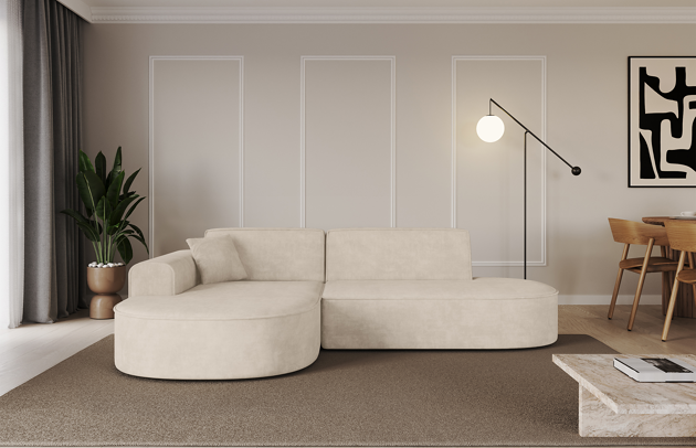 Bezug: Samt, Farbe: Beige - Dream Velvet 202.02, Stellvariante: Ottomane Links, Stoffbeschreibung: Polsterstoff Dream Velvet: Wasserabweisender und leicht zu reinigender Möbelstoff, scheuerfest (30.000 Martindale-Zyklen) lichtecht (6) und pillingarm (4-5), aus 100 % PES, Gewicht 360 g/m2 ±5 %, Materialzusammensetzung: 100% Polyseter, Pilling Resistenz: 4-5, Abriebfestigkeit: 5, Scheuerbeständigkeit: 30000 Martindale-Zyklen, Ausstattung: Kissen, Zimmer: Wohnzimmer, Tiefe: 171 cm, Breite: 243 cm, Höhe: 79,5 cm, Schlaffunktion: Ohne Schlaffunktion, Länge der Schlaffläche: Nicht zutreffend, Breite der Schlaffläche: Nicht zutreffend, Liegehöhe: Nicht zutreffend, Anzahl der Sitzflächen: 3, Art der Rückenkissen: Rückenlehne - feste, Annzahl der Sitzkissen: 2, Anzahl der Zierkissen: 1, Breite der Armlehnen: 20 cm, Höhe der Armlehnen: 58 cm, Breite der Ottomane: 109 cm, Tiefe der Ottomane: 151 cm, Tiefe der Sitzfläche: 62 cm, Sitzhöhe: 43,5 cm - 1
