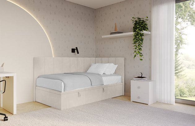 Bezug: Samt, Farbe: Beige - Casablanca 2301, Stoffbeschreibung: Polsterstoff Casablanca: „Pet-friendly“, leicht zu reinigen (CleanBOO+), wasserabweisend mit Lotuseffekt, scheuerfest (45.000 Martindale- Zyklen), Gewicht 310g/m2 ±5 %, Zimmer: Kinderzimmer, Länge: 209 cm, Breite: 109 cm, Höhe: 105 cm, Größe: 100x200 cm, Länge der Schlaffläche: 200 cm, Breite der Schlaffläche: 100 cm, Liegehöhe: 63 cm, Matratze: Mit H3 / H4 Taschenfederkern Matratze, Höhe der Matratze: 25 cm, Matratzentyp: Taschenfederkernmatratze, Bettkasten: Ja, Anzahl der Bettkasten: 1, Höhe der Bettkasten: 38 cm, Höhe des Kopfteils: 105 cm, Dicke des Kopfteils: 8 cm, Dicke des Fußteils: Nicht zutreffend, Gepolsterte Rückseite: Nein - 1