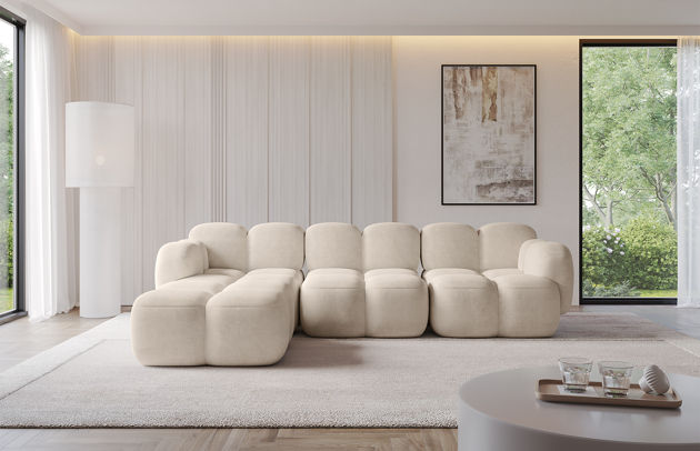Bezug: Samt, Farbe: Beige - Dream Velvet 202.02, Stellvariante: Ottomane Links, Stoffbeschreibung: Polsterstoff Dream Velvet: Wasserabweisender und leicht zu reinigender Möbelstoff, scheuerfest (30.000 Martindale-Zyklen) lichtecht(6), pillingarm(4-5), 100 % PES, 360 g/m2±5%, Materialzusammensetzung: 100% Polyester, Pilling Resistenz: 5, Abriebfestigkeit: 5, Scheuerbeständigkeit: 30000 Martindale-Zyklen, Ausstattung: Nicht zutreffend, Schlaffunktion: Ohne Schlaffunktion, Zimmer: Wohnzimmer, Tiefe: 205 cm, Breite: 302 cm, Höhe: 75 cm, Liegehöhe: 43 cm, Anzahl der Sitzflächen: 4, Sitzfüllung: Wellenfeder Typ A + T30-Schaum, Art der Rückenkissen: Rückenlehne - feste, Material der Füße: Kunststoff, Breite der Armlehnen: 32 cm, Breite der Ottomane: 107 cm, Tiefe der Ottomane: 205 cm, Tiefe der Sitzfläche: 84 cm, Sitzhöhe: 43 cm - 1