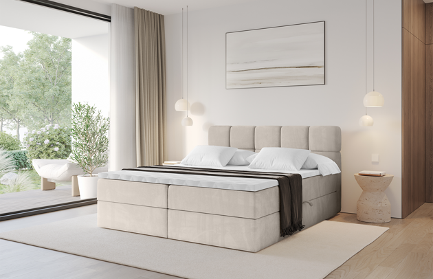 Bezug: Samt, Farbe: Beige - Casablanca 2301, Stoffbeschreibung: Polsterstoff Casablanca: „Pet-friendly“, leicht zu reinigen (CleanBOO+), wasserabweisend mit Lotuseffekt, scheuerfest (45.000 Martindale- Zyklen), Gewicht 310g/m2 ±5 %, Zimmer: Schlafzimmer, Länge: 207 cm, Breite: 120 cm, Höhe: 105 cm, Größe: 120x200 cm, Länge der Schlaffläche: 200 cm, Breite der Schlaffläche: 120 cm, Liegehöhe: 55 cm, Härtegrad der Matratze: H3, Höhe der Matratze: 20 cm, Matratze: Bonellfederung, Farbe des Toppers: Weiß, Höhe des Toppers: 5 cm, Material des Toppers: Schaumstoff, Bettkasten: Ja, Anzahl der Bettkasten: 2, Höhe der Bettkasten: 30 cm, Höhe des Kopfteils: 105 cm, Dicke des Kopfteils: 6 cm, Gepolsterte Rückseite: Nein - 1