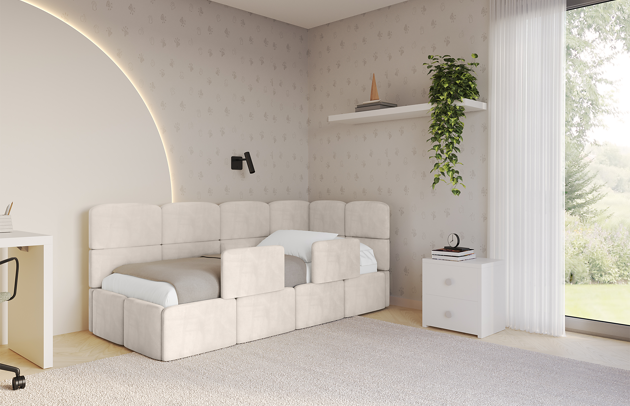 Bezug: Samt, Farbe: Beige - Casablanca 2301, Stoffbeschreibung: Polsterstoff Casablanca: „Pet-friendly“, leicht zu reinigen (CleanBOO+), wasserabweisend mit Lotuseffekt, scheuerfest (45.000 Martindale- Zyklen), Gewicht 310g/m2 ±5 %, Zimmer: Kinderzimmer, Länge: 215 cm, Breite: 115 cm, Höhe: 90 cm, Größe: 100x200 cm, Länge der Schlaffläche: 200 cm, Breite der Schlaffläche: 100 cm, Stellvariante: Linksseitig, Matratze: Mit H3 / H4 Taschenfederkern Matratze, Höhe der Matratze: 25 cm, Matratzentyp: Taschenfederkernmatratze, Bettkasten: Ja, Anzahl der Bettkasten: 1, Höhe der Bettkasten: 32 cm, Höhe des Kopfteils: 90 cm, Dicke des Kopfteils: 8 cm, Gepolsterte Rückseite: Nein - 1