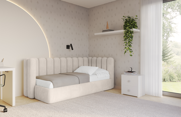 Bezug: Samt, Farbe: Beige - Casablanca 2301, Stoffbeschreibung: Polsterstoff Casablanca: „Pet-friendly“, leicht zu reinigen (CleanBOO+), wasserabweisend mit Lotuseffekt, scheuerfest (45.000 Martindale- Zyklen), Gewicht 310g/m2 ±5 %, Zimmer: Kinderzimmer, Länge: 223 cm, Breite: 121 cm, Höhe: 90 cm, Größe: 100x200 cm, Länge der Schlaffläche: 200 cm, Breite der Schlaffläche: 100 cm, Stellvariante: Linksseitig, Matratze: Mit H3 / H4 Taschenfederkern Matratze, Höhe der Matratze: 25 cm, Matratzentyp: Taschenfederkernmatratze, Bettkasten: Ja, Anzahl der Bettkasten: 1, Höhe der Bettkasten: 32 cm, Höhe des Kopfteils: 90 cm, Dicke des Kopfteils: 14 cm, Gepolsterte Rückseite: Nein - 1