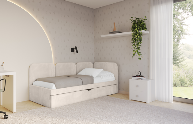 Bezug: Samt, Farbe: Beige - Casablanca 2301, Stoffbeschreibung: Polsterstoff Casablanca: „Pet-friendly“, leicht zu reinigen (CleanBOO+), wasserabweisend mit Lotuseffekt, scheuerfest (45.000 Martindale- Zyklen), Gewicht 310g/m2 ±5 %, Zimmer: Kinderzimmer, Länge: 215 cm, Breite: 115 cm, Höhe: 90 cm, Größe: 100x200 cm, Länge der Schlaffläche: 200 cm, Breite der Schlaffläche: 100 cm, Stellvariante: Linksseitig, Matratze: Mit H3 / H4 Taschenfederkern Matratze, Höhe der Matratze: 25 cm, Matratzentyp: Taschenfederkernmatratze, Bettkasten: Ja, Anzahl der Bettkasten: 1, Höhe der Bettkasten: 32 cm, Höhe des Kopfteils: 90 cm, Dicke des Kopfteils: 8 cm, Gepolsterte Rückseite: Nein - 1