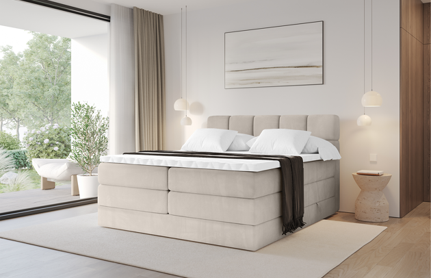 Bezug: Samt, Farbe: Beige - Casablanca 2301, Stoffbeschreibung: Polsterstoff Casablanca: „Pet-friendly“, leicht zu reinigen (CleanBOO+), wasserabweisend mit Lotuseffekt, scheuerfest (45.000 Martindale- Zyklen), Gewicht 310g/m2 ±5 %, Zimmer: Schlafzimmer, Länge: 207 cm, Breite: 120 cm, Höhe: 115 cm, Größe: 120x200 cm, Länge der Schlaffläche: 200 cm, Breite der Schlaffläche: 120 cm, Liegehöhe: 73 cm, Härtegrad der Matratze: h3-h4, Höhe der Matratze: 20+18 cm, Matratze: Multipocketfederung und Bonellfederung, Farbe des Toppers: Weiß, Höhe des Toppers: 5 cm, Material des Toppers: Schaumstoff, Bettkasten: Ja, Anzahl der Bettkasten: 2, Höhe der Bettkasten: 30 cm, Höhe des Kopfteils: 115 cm, Dicke des Kopfteils: 6 cm, Gepolsterte Rückseite: Nein - 1