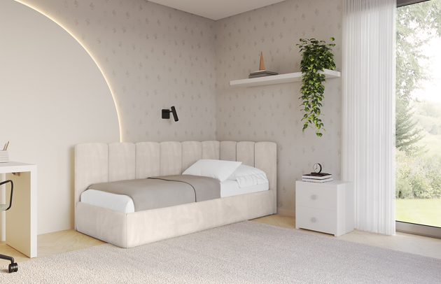 Bezug: Samt, Farbe: Beige - Casablanca 2301, Stoffbeschreibung: Polsterstoff Casablanca: „Pet-friendly“, leicht zu reinigen (CleanBOO+), wasserabweisend mit Lotuseffekt, scheuerfest (45.000 Martindale- Zyklen), Gewicht 310g/m2 ±5 %, Zimmer: Kinderzimmer, Länge: 215 cm, Breite: 115 cm, Höhe: 90 cm, Größe: 100x200 cm, Länge der Schlaffläche: 200 cm, Breite der Schlaffläche: 100 cm, Stellvariante: Linksseitig, Matratze: Mit H3 / H4 Taschenfederkern Matratze, Höhe der Matratze: 25 cm, Matratzentyp: Taschenfederkernmatratze, Bettkasten: Ja, Anzahl der Bettkasten: 1, Höhe der Bettkasten: 32 cm, Höhe des Kopfteils: 90 cm, Dicke des Kopfteils: 8 cm, Gepolsterte Rückseite: Nein - 1