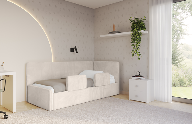 Bezug: Samt, Farbe: Beige - Casablanca 2301, Stoffbeschreibung: Polsterstoff Casablanca: „Pet-friendly“, leicht zu reinigen (CleanBOO+), wasserabweisend mit Lotuseffekt, scheuerfest (45.000 Martindale- Zyklen), Gewicht 310g/m2 ±5 %, Zimmer: Kinderzimmer, Länge: 215 cm, Breite: 115 cm, Höhe: 90 cm, Größe: 100x200 cm, Länge der Schlaffläche: 200 cm, Breite der Schlaffläche: 100 cm, Stellvariante: Linksseitig, Matratze: Mit H3 / H4 Taschenfederkern Matratze, Höhe der Matratze: 25 cm, Matratzentyp: Taschenfederkernmatratze, Bettkasten: Ja, Anzahl der Bettkasten: 1, Höhe der Bettkasten: 32 cm, Höhe des Kopfteils: 90 cm, Dicke des Kopfteils: 8 cm, Gepolsterte Rückseite: Nein - 1