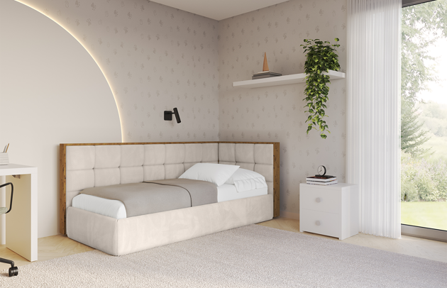 Bezug: Samt, Farbe: Beige - Casablanca 2301, Stoffbeschreibung: Polsterstoff Casablanca: „Pet-friendly“, leicht zu reinigen (CleanBOO+), wasserabweisend mit Lotuseffekt, scheuerfest (45.000 Martindale- Zyklen), Gewicht 310g/m2 ±5 %, Zimmer: Kinderzimmer, Länge: 215 cm, Breite: 115 cm, Höhe: 90 cm, Größe: 100x200 cm, Länge der Schlaffläche: 200 cm, Breite der Schlaffläche: 100 cm, Stellvariante: Linksseitig, Matratze: Mit H3 / H4 Taschenfederkern Matratze, Höhe der Matratze: 25 cm, Matratzentyp: Taschenfederkernmatratze, Bettkasten: Ja, Anzahl der Bettkasten: 1, Höhe der Bettkasten: 32 cm, Höhe des Kopfteils: 90 cm, Dicke des Kopfteils: 8 cm, Gepolsterte Rückseite: Nein - 1