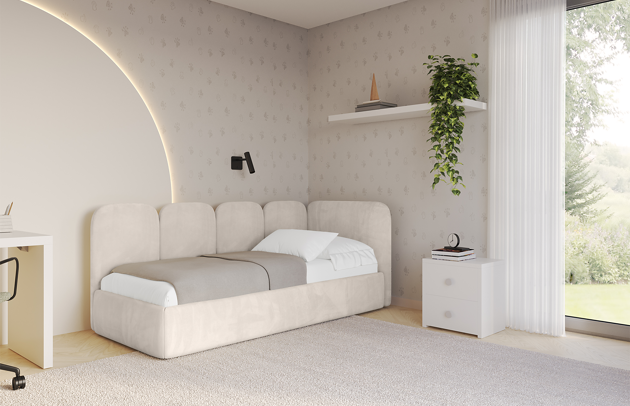 Bezug: Samt, Farbe: Beige - Casablanca 2301, Stoffbeschreibung: Polsterstoff Casablanca: „Pet-friendly“, leicht zu reinigen (CleanBOO+), wasserabweisend mit Lotuseffekt, scheuerfest (45.000 Martindale- Zyklen), Gewicht 310g/m2 ±5 %, Zimmer: Kinderzimmer, Länge: 215 cm, Breite: 115 cm, Höhe: 90 cm, Größe: 100x200 cm, Länge der Schlaffläche: 200 cm, Breite der Schlaffläche: 100 cm, Stellvariante: Linksseitig, Matratze: Mit H3 / H4 Taschenfederkern Matratze, Höhe der Matratze: 25 cm, Matratzentyp: Taschenfederkernmatratze, Bettkasten: Ja, Anzahl der Bettkasten: 1, Höhe der Bettkasten: 32 cm, Höhe des Kopfteils: 90 cm, Dicke des Kopfteils: 8 cm, Gepolsterte Rückseite: Nein - 1