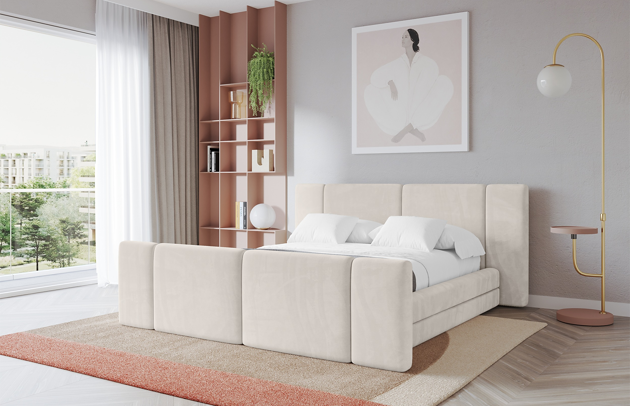 Bezug: Samt, Farbe: Beige - Casablanca 2301, Stoffbeschreibung: Polsterstoff Casablanca: „Pet-friendly“, leicht zu reinigen (CleanBOO+), wasserabweisend mit Lotuseffekt, scheuerfest (45.000 Martindale- Zyklen), Gewicht 310g/m2 ±5 %, Zimmer: Schlafzimmer, Länge: 224 cm, Breite: 188 cm, Höhe: 110 cm, Größe: 120x200 cm, Länge der Schlaffläche: 200 cm, Breite der Schlaffläche: 120 cm, Liegehöhe: 48 cm, Matratze: Mit H3 / H4 Taschenfederkern Matratze, Höhe der Matratze: 25 cm, Matratzentyp: Taschenfederkernmatratze, Bettkasten: Ja, Anzahl der Bettkasten: 1, Höhe der Bettkasten: 33 cm, Höhe des Kopfteils: 110 cm, Dicke des Kopfteils: 13 cm, Dicke des Fußteils: 13 cm, Gepolsterte Rückseite: Nein - 1