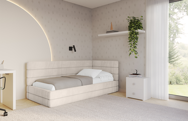 Bezug: Samt, Farbe: Beige - Casablanca 2301, Stoffbeschreibung: Polsterstoff Casablanca: „Pet-friendly“, leicht zu reinigen (CleanBOO+), wasserabweisend mit Lotuseffekt, scheuerfest (45.000 Martindale- Zyklen), Gewicht 310g/m2 ±5 %, Zimmer: Kinderzimmer, Länge: 217 cm, Breite: 117 cm, Höhe: 90 cm, Größe: 100x200 cm, Länge der Schlaffläche: 200 cm, Breite der Schlaffläche: 100 cm, Liegehöhe: 63 cm, Stellvariante: Linksseitig, Matratze: Mit H3 / H4 Taschenfederkern Matratze, Höhe der Matratze: 25 cm, Matratzentyp: Taschenfederkernmatratze, Bettkasten: Ja, Anzahl der Bettkasten: 1, Höhe der Bettkasten: 32 cm, Höhe des Kopfteils: 90 cm, Dicke des Kopfteils: 10 cm, Gepolsterte Rückseite: Nein - 1