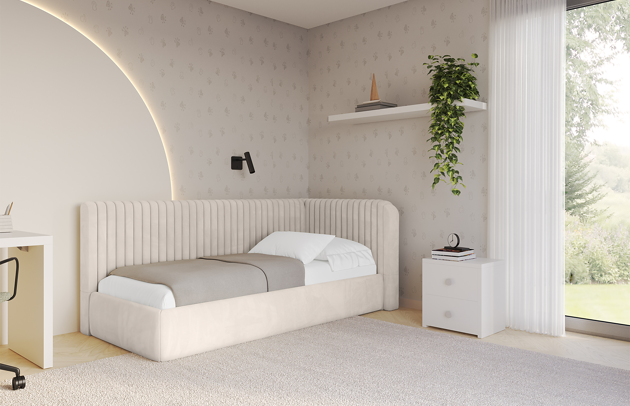 Bezug: Samt, Farbe: Beige - Casablanca 2301, Stoffbeschreibung: Polsterstoff Casablanca: „Pet-friendly“, leicht zu reinigen (CleanBOO+), wasserabweisend mit Lotuseffekt, scheuerfest (45.000 Martindale- Zyklen), Gewicht 310g/m2 ±5 %, Zimmer: Kinderzimmer, Länge: 224 cm, Breite: 131 cm, Höhe: 90 cm, Größe: 100x200 cm, Länge der Schlaffläche: 200 cm, Breite der Schlaffläche: 100 cm, Liegehöhe: 63 cm, Stellvariante: Linksseitig, Matratze: Mit H3 / H4 Taschenfederkern Matratze, Höhe der Matratze: 25 cm, Matratzentyp: Taschenfederkernmatratze, Bettkasten: Ja, Anzahl der Bettkasten: 1, Höhe der Bettkasten: 32 cm, Höhe des Kopfteils: 90 cm, Dicke des Kopfteils: 17 cm, Gepolsterte Rückseite: Nein - 1