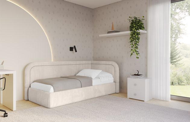 Bezug: Samt, Farbe: Beige - Casablanca 2301, Stoffbeschreibung: Polsterstoff Casablanca: „Pet-friendly“, leicht zu reinigen (CleanBOO+), wasserabweisend mit Lotuseffekt, scheuerfest (45.000 Martindale- Zyklen), Gewicht 310g/m2 ±5 %, Zimmer: Kinderzimmer, Länge: 220 cm, Breite: 122 cm, Höhe: 90 cm, Größe: 100x200 cm, Länge der Schlaffläche: 200 cm, Breite der Schlaffläche: 100 cm, Liegehöhe: 63 cm, Stellvariante: Linksseitig, Matratze: Mit H3 / H4 Taschenfederkern Matratze, Höhe der Matratze: 25 cm, Matratzentyp: Taschenfederkernmatratze, Bettkasten: Ja, Anzahl der Bettkasten: 1, Höhe der Bettkasten: 32 cm, Höhe des Kopfteils: 90 cm, Dicke des Kopfteils: 10 cm, Gepolsterte Rückseite: Nein - 1