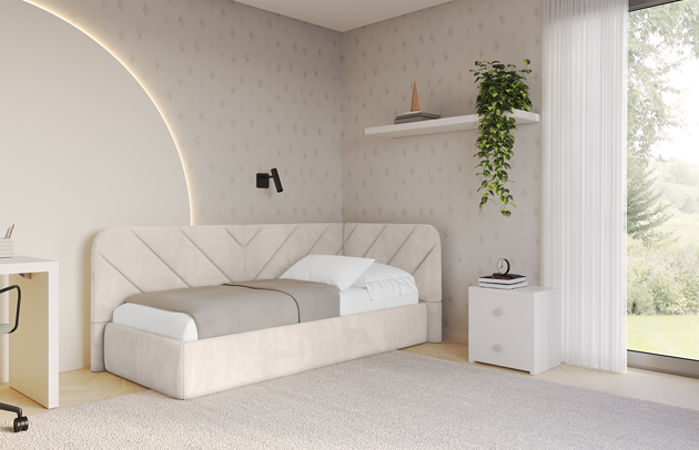 Bezug: Samt, Farbe: Beige - Casablanca 2301, Stoffbeschreibung: Polsterstoff Casablanca: „Pet-friendly“, leicht zu reinigen (CleanBOO+), wasserabweisend mit Lotuseffekt, scheuerfest (45.000 Martindale- Zyklen), Gewicht 310g/m2 ±5 %, Zimmer: Kinderzimmer, Länge: 220 cm, Breite: 122 cm, Höhe: 90 cm, Größe: 100x200 cm, Länge der Schlaffläche: 200 cm, Breite der Schlaffläche: 100 cm, Liegehöhe: 63 cm, Stellvariante: Linksseitig, Matratze: Mit H3 / H4 Taschenfederkern Matratze, Höhe der Matratze: 25 cm, Matratzentyp: Taschenfederkernmatratze, Bettkasten: Ja, Anzahl der Bettkasten: 1, Höhe der Bettkasten: 32 cm, Höhe des Kopfteils: 90 cm, Dicke des Kopfteils: 10 cm, Gepolsterte Rückseite: Nein - 1