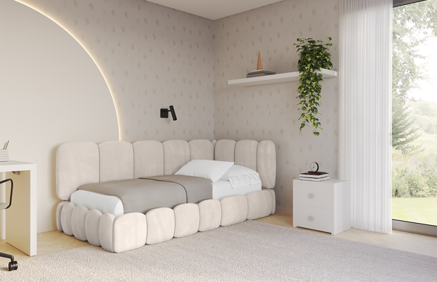 Bezug: Samt, Farbe: Beige - Casablanca 2301, Stoffbeschreibung: Polsterstoff Casablanca: „Pet-friendly“, leicht zu reinigen (CleanBOO+), wasserabweisend mit Lotuseffekt, scheuerfest (45.000 Martindale- Zyklen), Gewicht 310g/m2 ±5 %, Zimmer: Kinderzimmer, Länge: 219 cm, Breite: 119 cm, Höhe: 90 cm, Größe: 100x200 cm, Länge der Schlaffläche: 200 cm, Breite der Schlaffläche: 100 cm, Liegehöhe: 63 cm, Stellvariante: Linksseitig, Matratze: Mit H3 / H4 Taschenfederkern Matratze, Höhe der Matratze: 25 cm, Matratzentyp: Taschenfederkernmatratze, Bettkasten: Ja, Anzahl der Bettkasten: 1, Höhe der Bettkasten: 32 cm, Höhe des Kopfteils: 90 cm, Dicke des Kopfteils: 12 cm, Gepolsterte Rückseite: Nein - 1