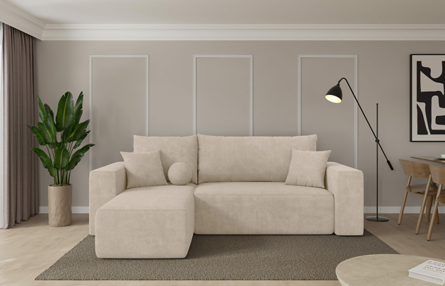 Bezug: Samt, Farbe: Beige - Dream Velvet 202.02, Stellvariante: Ottomane Links, Stoffbeschreibung: Polsterstoff Dream Velvet: Wasserabweisender und leicht zu reinigender Möbelstoff, scheuerfest (30.000 Martindale-Zyklen) lichtecht(6), pillingarm(4-5), 100 % PES, 360 g/m2±5%, Materialzusammensetzung: 100% PU, Pilling Resistenz: 5, Abriebfestigkeit: 5, Scheuerbeständigkeit: 30000 Martindale-Zyklen, Ausstattung: Kissen, Schlaffunktion: Mit Schlaffunktion, Zimmer: Wohnzimmer, Tiefe: 139 cm, Breite: 249 cm, Höhe: 85 cm, Länge der Schlaffläche: 205 cm, Breite der Schlaffläche: 114 cm, Liegehöhe: 36 cm, Anzahl der Sitzflächen: 3, Anzahl der Rückenkissen: 2, Art der Rückenkissen: Rückenkissen, Anzahl der Zierkissen: 2, Material der Füße: Kunststoff, Höhe der Füße: 3 cm, Tiefe der Armlehnen: 91 cm, Breite der Armlehnen: 22 cm, Höhe der Armlehnen: 57 cm, Breite der Ottomane: 74 cm, Tiefe der Ottomane: 126 cm, Tiefe der Sitzfläche: 70 cm, Sitzhöhe: 36 cm, Art des Stauraumes: Innenfach geschlossen - 1