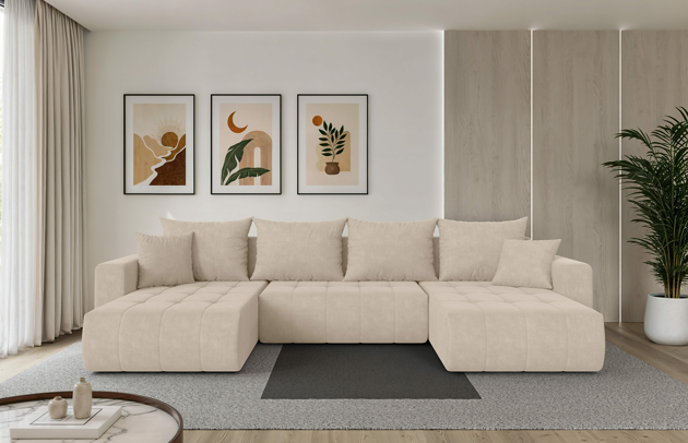 Bezug: Samt, Farbe: Beige - Dream Velvet 202.02, Stellvariante: U-Form, Stoffbeschreibung: Polsterstoff Dream Velvet: Wasserabweisender und leicht zu reinigender Möbelstoff, scheuerfest (30.000 Martindale-Zyklen) lichtecht(6), pillingarm(4-5), 100 % PES, 360 g/m2±5%, Materialzusammensetzung: 100% PU, Pilling Resistenz: 5, Abriebfestigkeit: 5, Scheuerbeständigkeit: 30000 Martindale-Zyklen, Ausstattung: Kissen, Schlaffunktion: Mit Schlaffunktion, Zimmer: Wohnzimmer, Tiefe: 194 cm, Breite: 378 cm, Höhe: 86 cm, Länge der Schlaffläche: 334 cm, Breite der Schlaffläche: 132 cm, Liegehöhe: 38 cm, Anzahl der Sitzflächen: 6, Anzahl der Rückenkissen: 4, Art der Rückenkissen: Rückenkissen, Anzahl der Zierkissen: 2, Material der Füße: Kunststoff, Höhe der Füße: 3 cm, Tiefe der Armlehnen: 100 cm, Breite der Armlehnen: 22 cm, Höhe der Armlehnen: 60 cm, Breite der Ottomane: 101 cm, Tiefe der Ottomane: 179 cm, Tiefe der Sitzfläche: 95 cm, Sitzhöhe: 38 cm, Art des Stauraumes: Innenfach geschlossen - 1