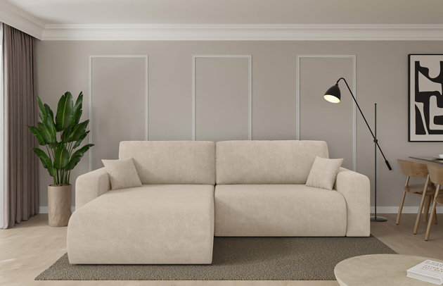 Bezug: Samt, Farbe: Beige - Dream Velvet 202.02, Stellvariante: Ottomane Links, Stoffbeschreibung: Polsterstoff Dream Velvet: Wasserabweisender und leicht zu reinigender Möbelstoff, scheuerfest (30.000 Martindale-Zyklen) lichtecht(6), pillingarm(4-5), 100 % PES, 360 g/m2±5%, Materialzusammensetzung: 100% PU, Pilling Resistenz: 5, Abriebfestigkeit: 5, Scheuerbeständigkeit: 30000 Martindale-Zyklen, Ausstattung: Kissen, Schlaffunktion: Mit Schlaffunktion, Zimmer: Wohnzimmer, Tiefe: 193 cm, Breite: 276 cm, Höhe: 88 cm, Länge der Schlaffläche: 233 cm, Breite der Schlaffläche: 132 cm, Liegehöhe: 38 cm, Anzahl der Sitzflächen: 3, Anzahl der Rückenkissen: 2, Art der Rückenkissen: Rückenkissen, Anzahl der Zierkissen: 2, Material der Füße: Kunststoff, Höhe der Füße: 3 cm, Tiefe der Armlehnen: 100 cm, Breite der Armlehnen: 22 cm, Höhe der Armlehnen: 60 cm, Breite der Ottomane: 101 cm, Tiefe der Ottomane: 179 cm, Tiefe der Sitzfläche: 88 cm, Sitzhöhe: 38 cm, Art des Stauraumes: Innenfach geschlossen - 1